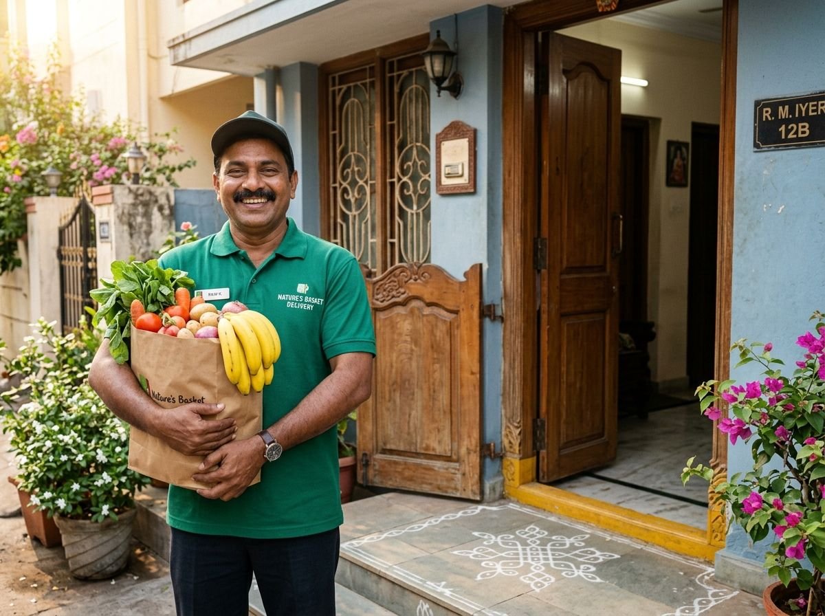Friendly Cleantaste delivery partner with fresh groceries at Chennai home entrance with rangoli kolam