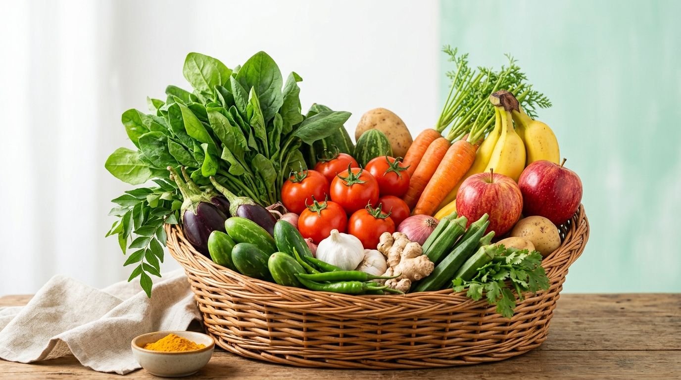 South Indian fresh farm vegetables and fruits basket in Virugambakkam Chennai